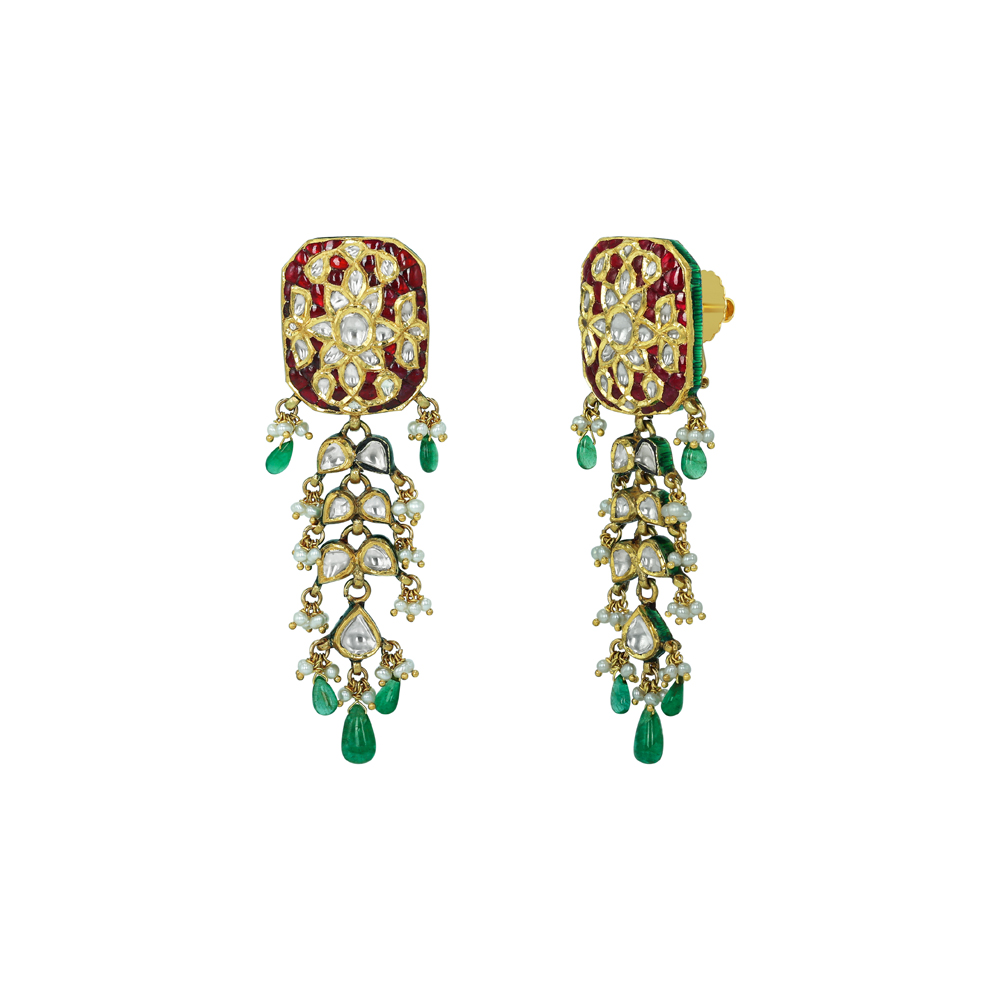 Rectangular Polki Earrings with Red Talaf, Emerald, and Pearl Drops